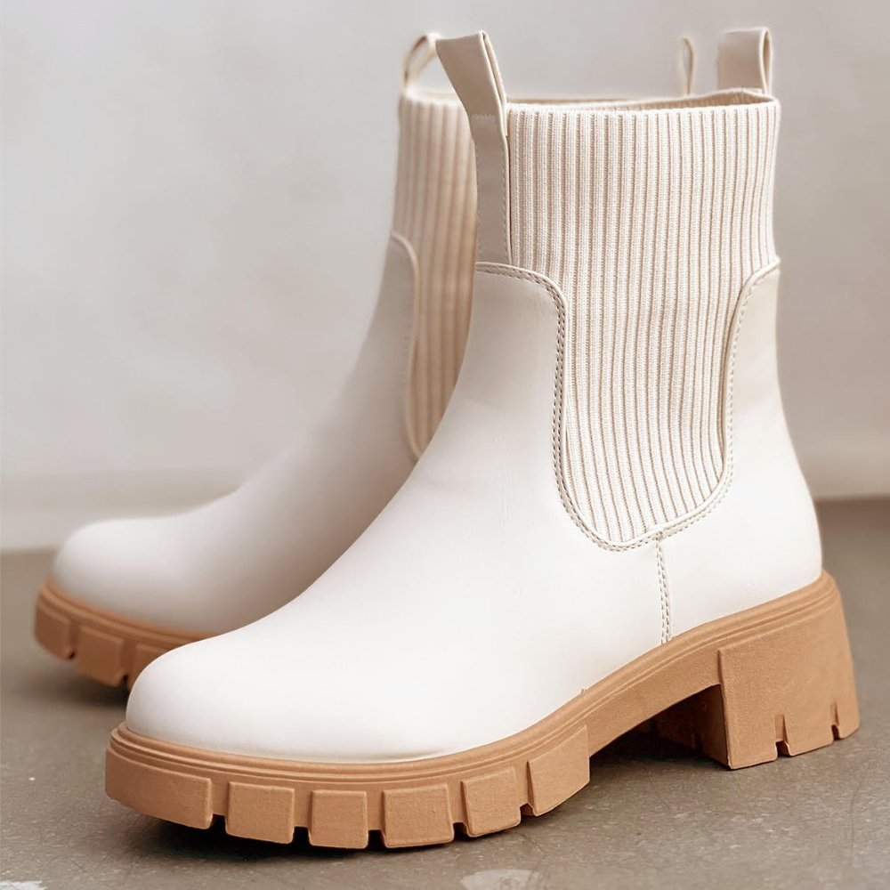 NEW Off White Chunky Lug Sole Platform Elastic Sock Ankle Chelsea Bootie Boots - Picture 3 of 12